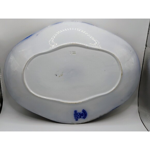 ANTIQUE CONWAY FLOW BLUE OVAL PLATE WITH EXTRAVAGANT PATTERN~10 3/4" LONG X 8" W - Picture 10 of 15